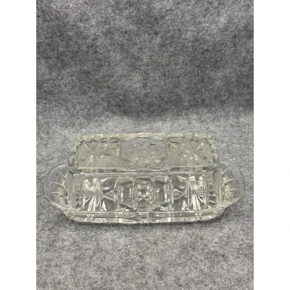 Vintage Crystal Pressed Glass Butter Dish with Lid Starburst Pattern Rectangular